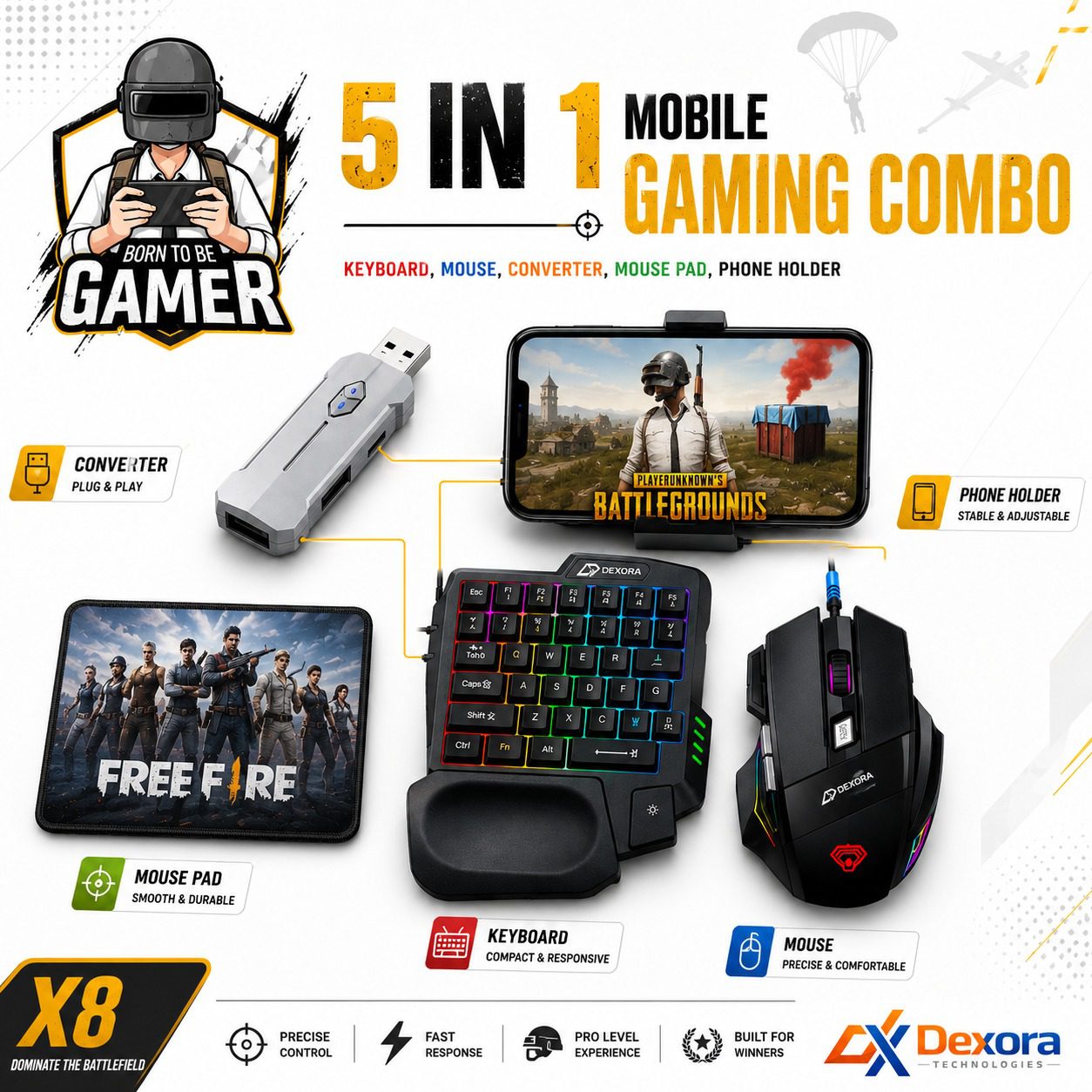 dexora x8 combo X8 Controller || 5-in-1 Mobile Gaming Combo || Dexora Technologies - Image 1
